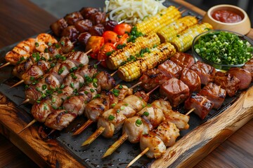 Grilled meat and vegetables on skewers