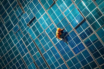 technician repairing solar panels on the roof of a building