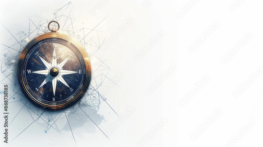 Wall mural a golden compass with a white background and lines. ideal for navigation and travel-related visuals.
