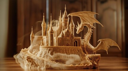 hologram of a castle with a dragon in beige tones