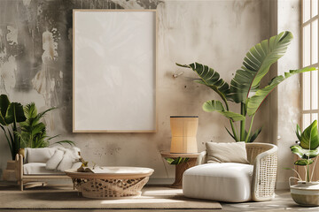 Modern Living Room with Large Plants - large-format poster mockup