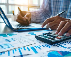 Financial analyst analyzing documents at white desk with calculator, graphs, and diagrams