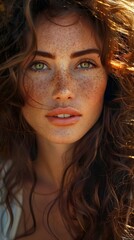 Close-up portrait of a beautiful young woman with freckles and green eyes