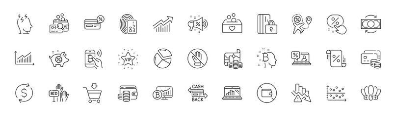 Demand curve, Blocked card and Crown line icons. Pack of Online market, Wallet, Corrupt icon. Card, Vip star, Inspect pictogram. Graph laptop, Deflation, Bitcoin pay. Loan percent. Line icons. Vector