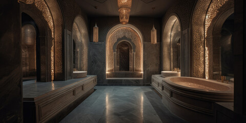 Fototapeta premium Turkish Bath. Hamam Interior with Classic Islamic Architecture, Featuring Marble Tiles, Golden Decor, Swimming Pool and Decorative Arches – Perfect for High-End Spa and Wellness Retreats