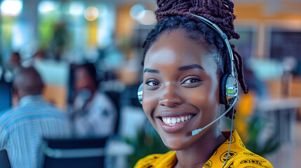 A diverse call center representative smiles while working.