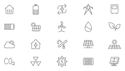 Solar Energy Line Icons set. Energy and power industry, sun energy, renewable source of energy, ecofriendly and power purchase agreement outline icon collection. UI thin outline icons pack