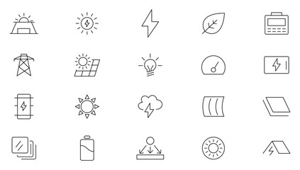 Solar Energy Line Icons set. Energy and power industry, sun energy, renewable source of energy, ecofriendly and power purchase agreement outline icon collection. UI thin outline icons pack