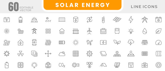 Solar Energy Line Icons set. Energy and power industry, sun energy, renewable source of energy, ecofriendly and power purchase agreement outline icon collection. UI thin outline icons pack