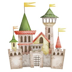 Medieval castle with flags and towers in digital watercolor style for printing on children's things