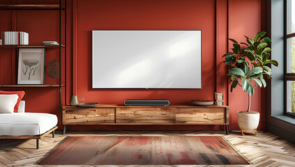 Modern living room with blank TV screen and wooden furniture, red wall background, home interior design concept.