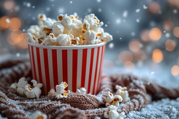 A Red And White Striped Popcorn Container On A Snowy Surface