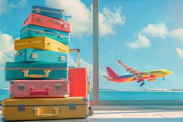 Travel themed suitcases at airport with airplane symbolizing adventure and exploration