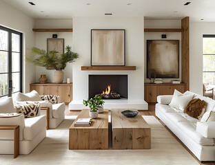 Two chairs and sofa near fireplace. French country interior design of modern living room.
