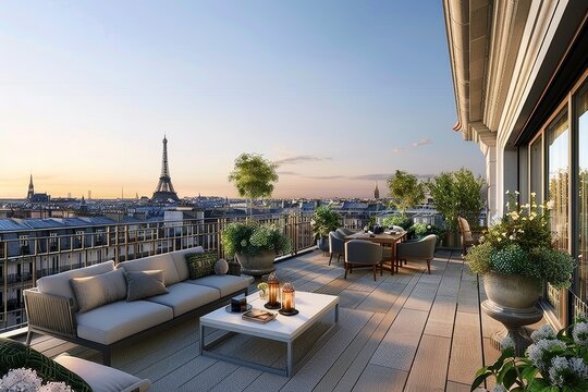 Luxurious parisian apartment with private rooftop terrace and stunning city views