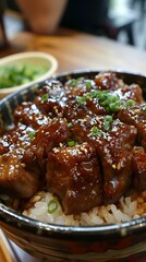 A Bowl of Rice with Teriyaki Chicken and Sesame Seeds