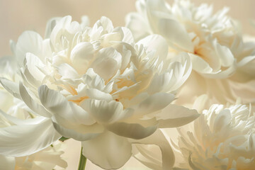 Fototapeta premium White peony flowers on a beige background with soft light in a close-up, macro photograph with blurred focus and pastel tones. The delicate texture and elegant composition