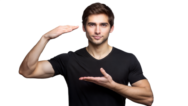 Young Man Gesturing With Hands, Holding an Imaginary Object, Wearing a Black T-Shirt