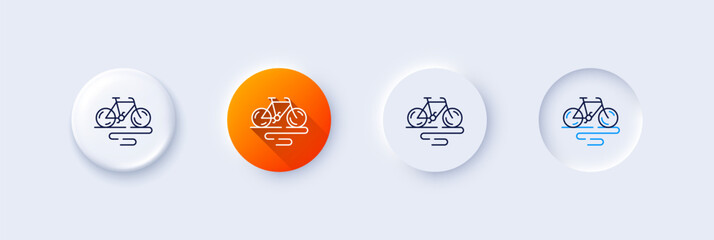 Bike line icon. Neumorphic, Orange gradient, 3d pin buttons. Bicycle route sign. Cycling track symbol. Line icons. Neumorphic buttons with outline signs. Vector