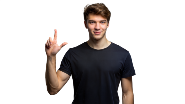 Young Man Wearing Black T-Shirt Holding Up Two Fingers