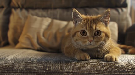 On a sofa sits a yellow cat with dark eyes very detailed and realistic shape