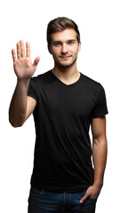 Fototapeta premium Man Wearing Black T-Shirt and Jeans Raising His Hand With Five Fingers Extended