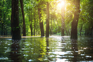 Obraz premium sunlight filtering through trees in a flooded forest creating a serene yet flooded natural environment