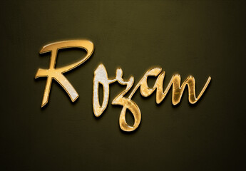 Old gold text effect of Arabic name Rozan with 3D glossy style Mockup.