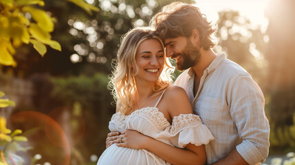 Fototapeta premium a pregnant young woman with husband in the garden at sunshine