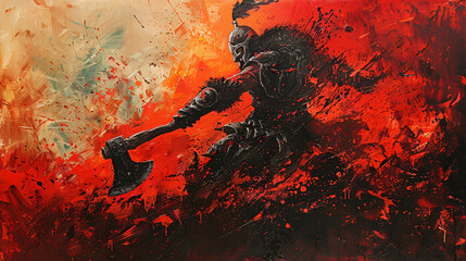 painting of a viking warrior with axe in battle,  abstract, texture, art, red, color, textured, pattern, paint,  grunge, colorful, war, battle, axe, viking,