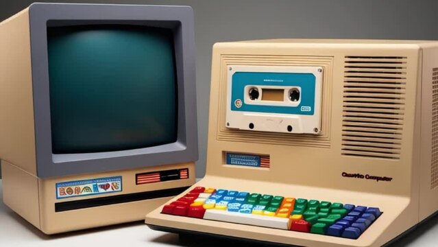 a 1980s-era computer with a bulky monitor. 