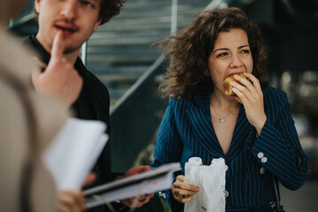 Businesswoman eating a snack while talking with colleague outdoors during a break. Professional attire, casual interaction, and urban background.