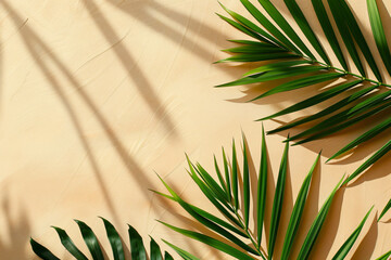 
Abstract background with a palm leaf shadow on a beige paper texture, summer template for product presentation. Flat lay. Concept for copy space. 