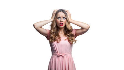 Woman in Pink Dress Holding Her Head in Shock