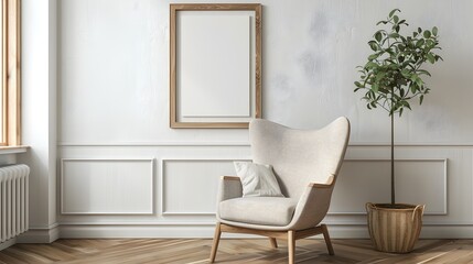 Elegant Wooden Frame Showcasing a Modern and Chic Chair in an Inviting 3D Interior Design