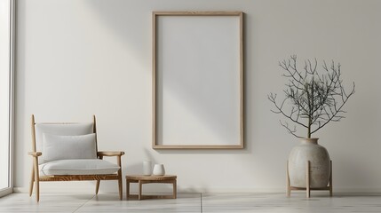 Elegant wooden frame standing beside minimalist chair in 3D rendered interior scene