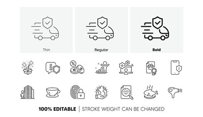 Fish dish, Online job and Lock line icons. Pack of Smartphone protection, Currency exchange, Hair dryer icon. Save planet, Winner, Transport insurance pictogram. Dog certificate, Agent. Vector