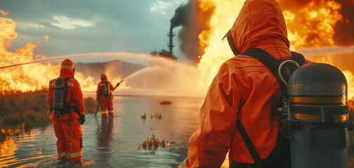 Firefighter training, fireman using water and extinguisher to fighting with fire flame in an emergency situation., under danger situation all firemen wearing fire fighter suit for safety