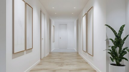 Fototapeta premium Luminous Minimalist Hallway with Captivating Frame Mockup in 3D Rendering