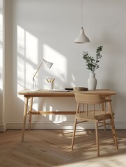 Minimal Wooden Desk in Cozy Home Office Workspace 3D Render
