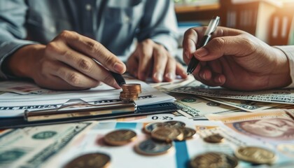 Close up of accountants counting profits  hands tallying banknotes and coins with notes on paper