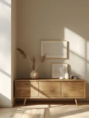 Minimal Wooden Sideboard with Simple Yet Elegant Home Decor Accents in 3D Render