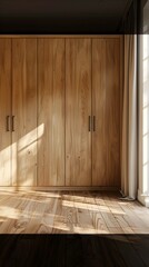 Minimal Wooden Wardrobe in Peaceful Bedroom Interior,3D Home Mockup