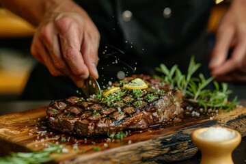 Chef preparing grilled steak with creamy lemon butter or spicy cajun sauce, herbs, and garnish
