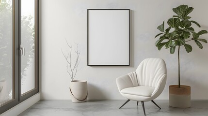 Minimalist 3D Frame Mockup Near Modern Stylish Chair in Empty White Room