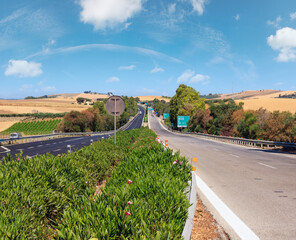 Highway across Sicily summer countryside, Italy