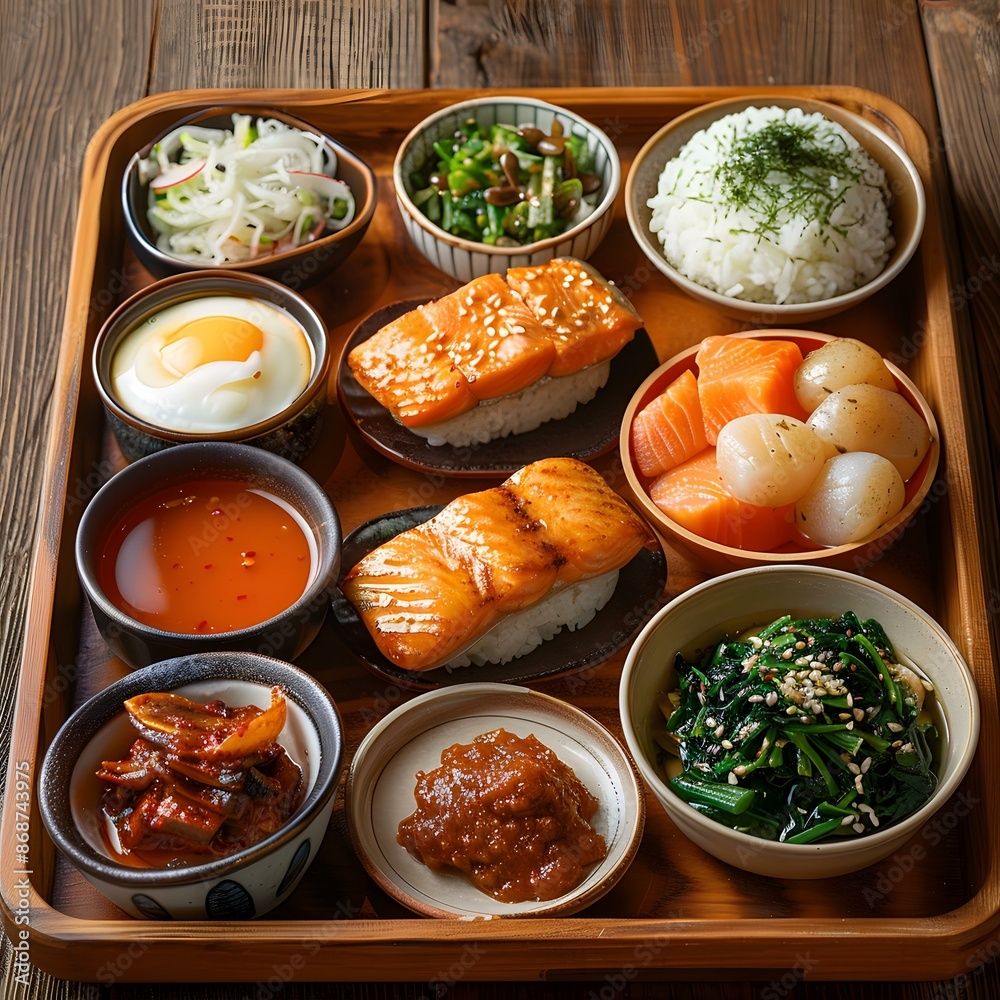 Wall mural Japanese Food Tray with Salmon Sushi, Fried Egg, and Side Dishes