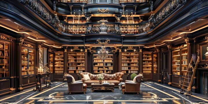 Photography of a luxurious and nostalgic interior of a royal library featuring ornate wooden shelves and plush seating, a grand chandelier and detailed architectural elements in a classic setting.
