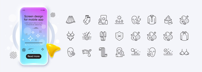 Problem skin, Sunscreen and Shirt line icons for web app. Phone mockup gradient screen. Pack of Skin care, Uv protection, 24 hours pictogram icons. Hoody, Vitamin b6, Lingerie signs. Vector