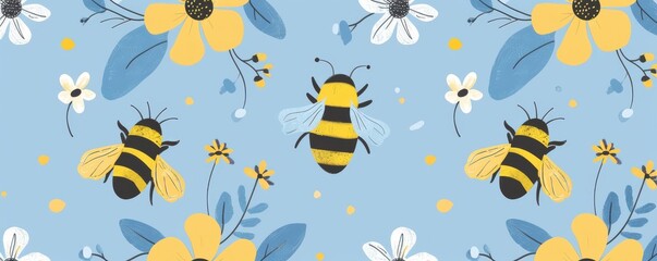 Seamless pattern featuring cute hand-drawn bees on a blue background. The whimsical design is ideal for summer, nature, and playful themes. Illustration.